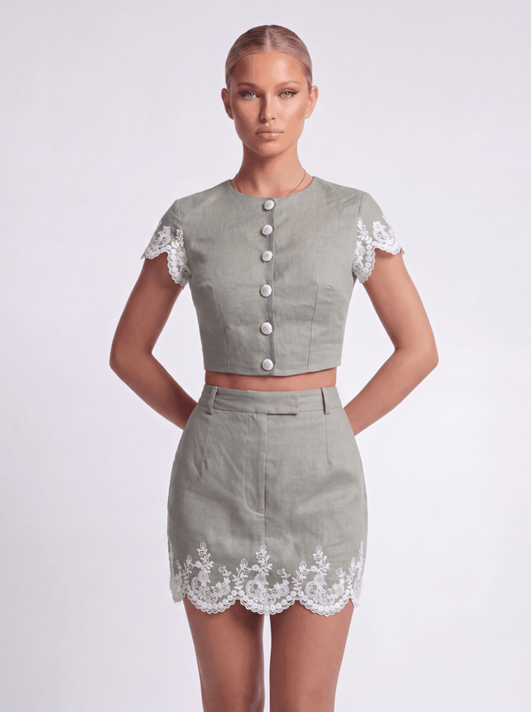 Linen and Lace Embroidery Mini Skirt. Olive Green
