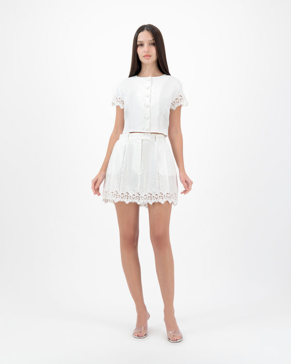 Linen and Lace Embroidery Crop Top. White