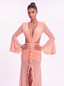 Amalfi Dress in Peach - Bendita Boutique Dubai, front view, close-up of plunge neckline and bell sleeves