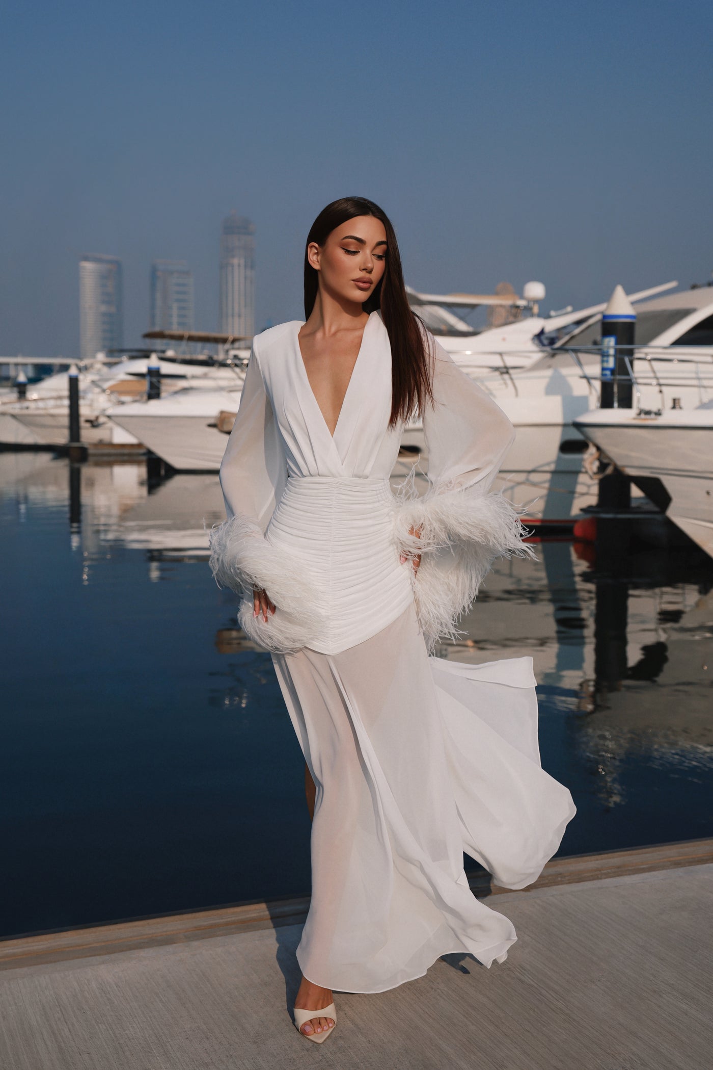 Chiffon Dress with Feathers. Ivory 1